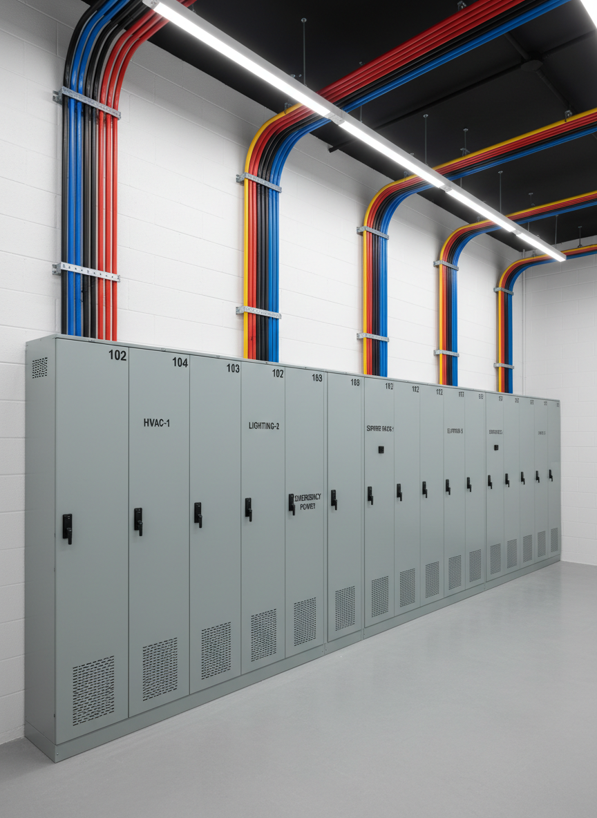 A spotless commercial electrical panel room with multiple tall, gray metal breaker cabinets lined in a precise row along a white-painted concrete wall, each door labeled with clear black lettering. Thick, color-coded conduit runs neatly along the ceiling, turning at perfect right angles into the panels. Industrial LED strip lights overhead provide bright, even illumination, reducing harsh shadows and revealing every texture of metal, paint, and concrete. Photographic realism from a slightly low, wide-angle view enhances the sense of scale and order, conveying safety, expertise, and top-tier commercial electrical service in a professional, clean environment.
