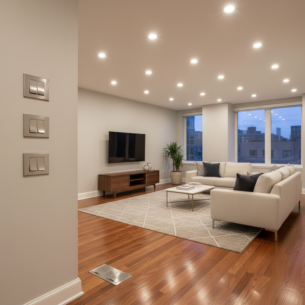 A freshly renovated open-plan living room showcasing updated electrical work, with recessed LED ceiling lights perfectly aligned across a smooth white ceiling, modern brushed-nickel dimmer switches on a pale gray wall, and sleek floor outlets discreetly placed near a low-profile media console. Warm, indirect evening lighting from the recessed LEDs casts soft, welcoming pools of light across rich hardwood floors and a neutral area rug. Photographic realism at a wide-angle, eye-level composition emphasizes the overall transformation, with crisp detail on the electrical fixtures, creating a calm, upscale, and professionally finished atmosphere ideal for a residential remodeling feature image.