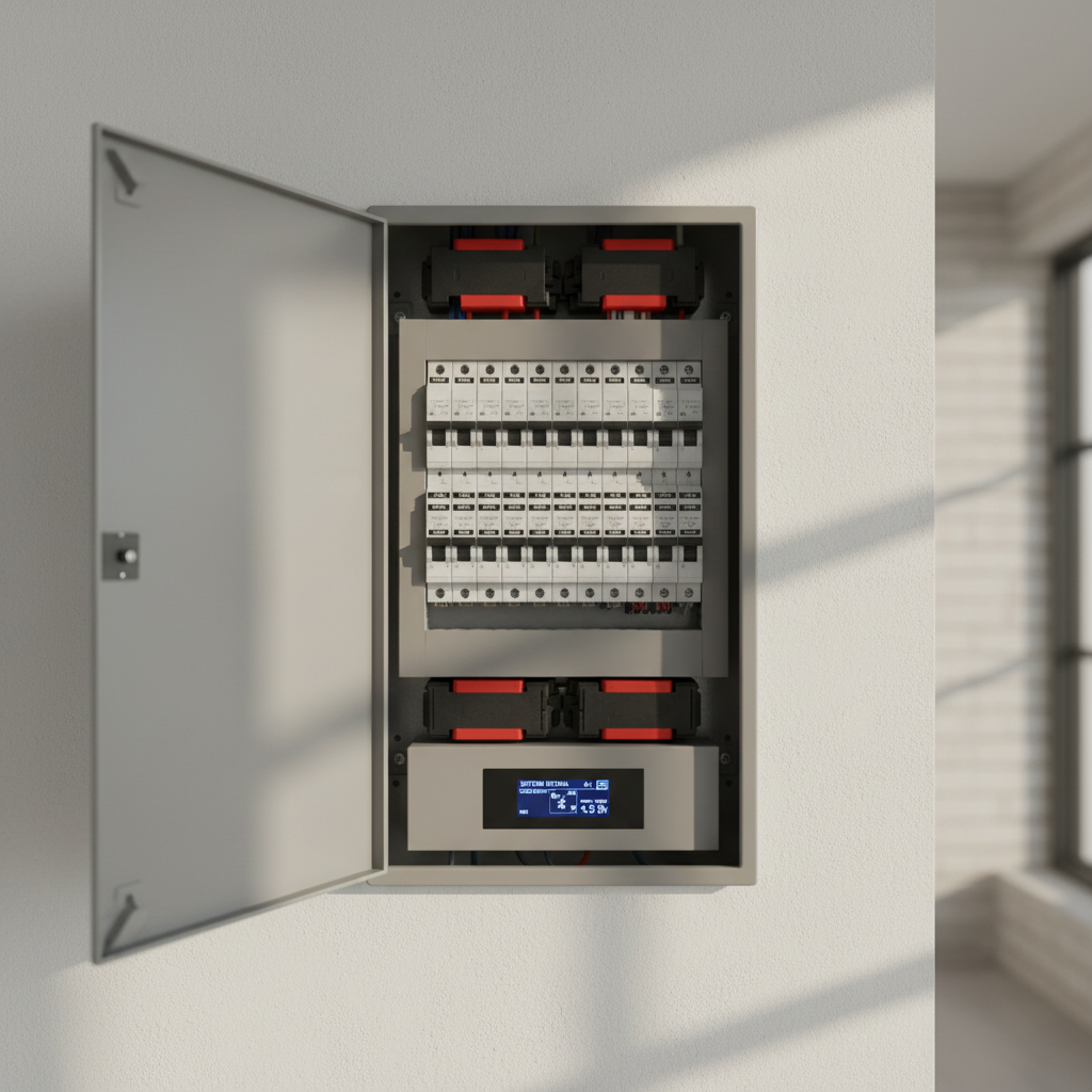 A detailed close-up of a modern smart electrical panel mounted on a smooth drywall surface, its brushed steel door open to reveal a clean arrangement of labeled breakers, integrated surge protection, and a small digital monitoring display glowing a soft blue. Subtle afternoon window light from the side creates gentle highlights on the metal edges and soft shadows within the panel interior, emphasizing depth and precision. The background softly blurs, focusing attention on the craftsmanship and organization. Photographic realism with a shallow depth of field and centered composition creates a technical yet approachable mood, perfect for illustrating advanced residential electrical upgrades and safety-focused service.