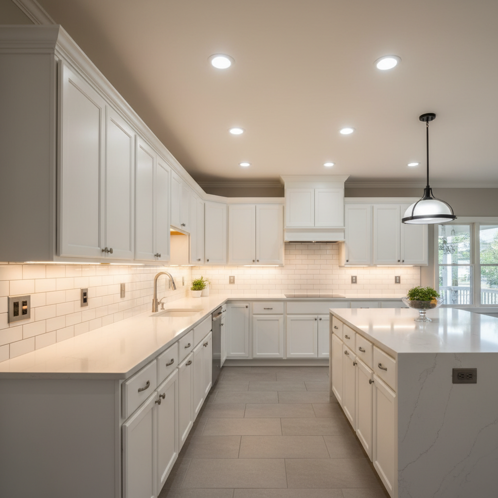A stylish remodeled kitchen emphasizing upgraded electrical and lighting, with under-cabinet LED strip lights casting an even, warm glow across a polished white quartz countertop and glossy subway tile backsplash. Modern stainless-steel outlets with USB ports are evenly spaced along the backsplash, aligning perfectly with the grout lines. Recessed ceiling lights wash the shaker-style cabinets in soft, bright light, while a dimmable pendant fixture hangs above a kitchen island. Photographic realism from a slightly elevated, wide-angle perspective captures the full space, highlighting clean lines, precise electrical installation, and a welcoming, high-end atmosphere suitable for showcasing combined electrical and remodeling services.