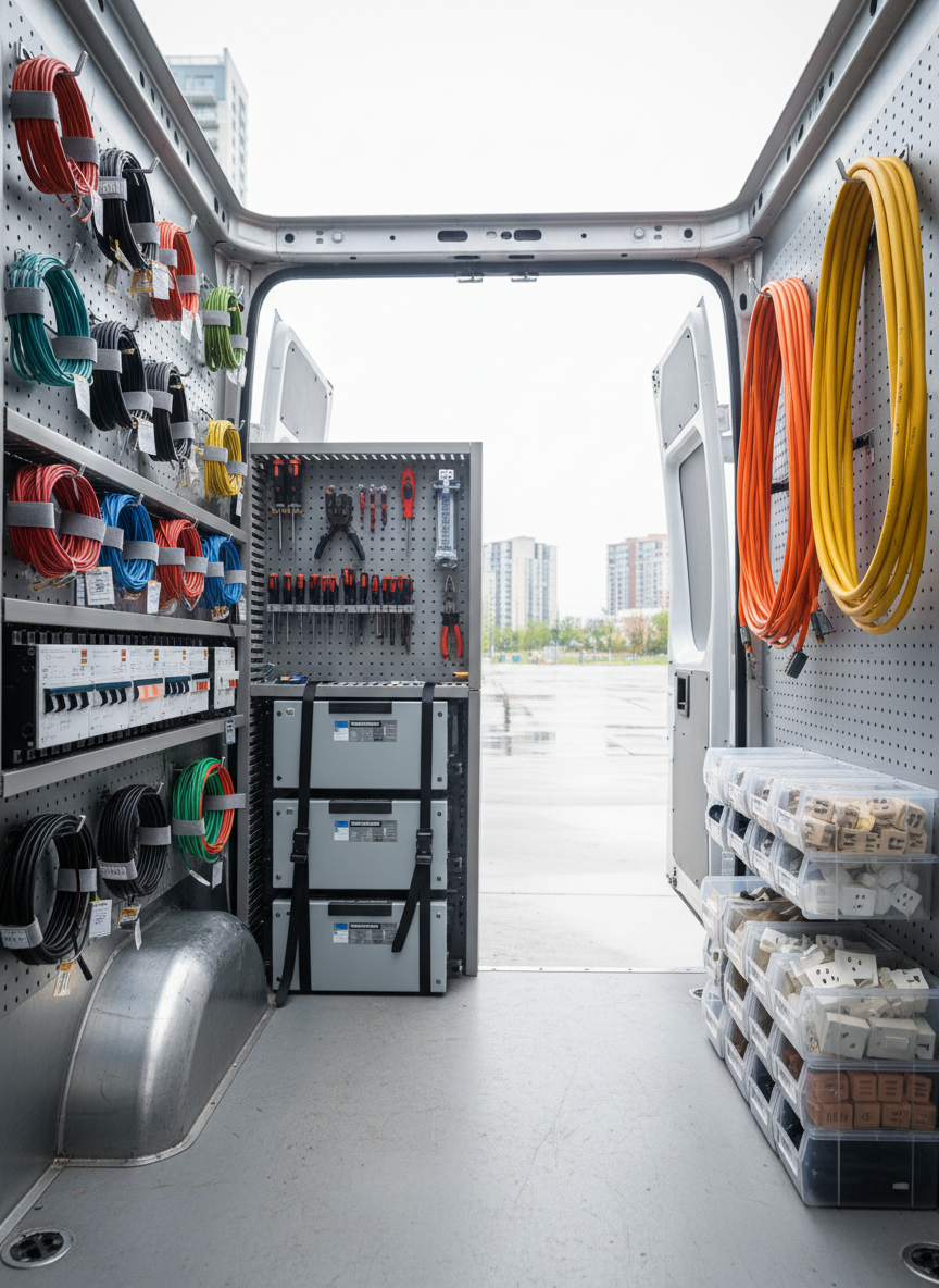 A meticulously organized electrical service van interior, with neatly labeled rows of insulated copper wiring, gleaming circuit breakers, modern tools, and stacked gray electrical panels secured against clean metal walls. Coiled orange and yellow extension cords hang in perfect loops beside plastic bins of outlets and switches. The van doors are open to a bright, overcast day, allowing soft diffused natural light to gently illuminate the equipment and create subtle reflections on metallic surfaces. Photographic realism from an eye-level perspective, with sharp focus throughout, highlights professionalism, reliability, and readiness for both residential and commercial electrical projects in a clean, modern aesthetic.