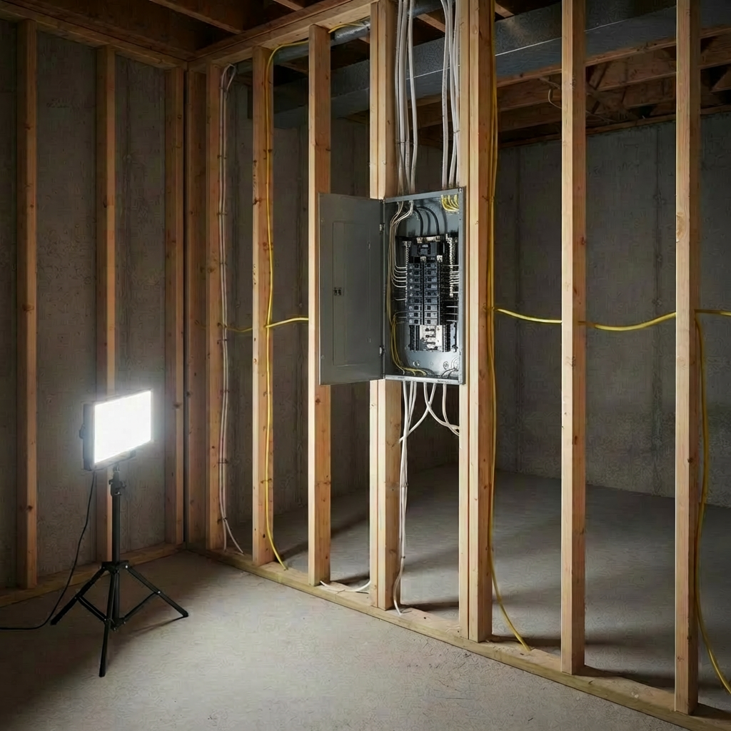 electrical and remodeling services A clean, unfinished basement in the midst of an electrical remodel, with exposed wooden studs framing newly run yellow and white NM-B cables neatly stapled along the edges. A partially installed gray breaker panel is mounted between studs, with conduit entering from above, all labeled with temporary tags. Cool, diffused work light from a portable LED stand gently fills the space, creating soft shadows against the concrete floor and foundation walls. Photographic realism from an eye-level, three-quarter angle emphasizes the orderliness and safety of the installation, conveying transparency, in-progress remodeling work, and professional electrical craftsmanship behind the walls.