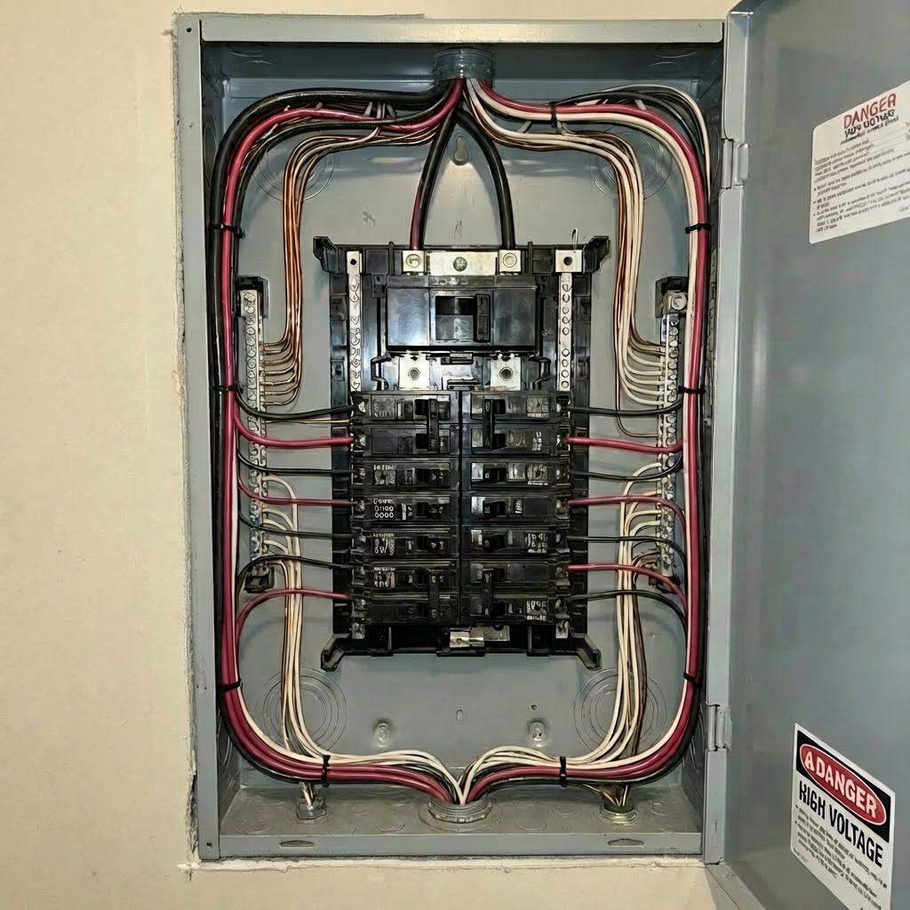 Residential electrical system main service panel Open electrical breaker panel with multiple wires and breakers, labeled DANGER HIGH VOLTAGE.
