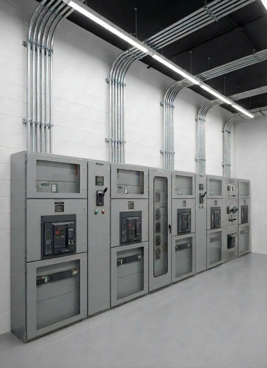 electrical and remodeling services A spotless commercial electrical panel room with multiple tall, gray metal breaker cabinets lined in a precise row along a white-painted concrete wall, each door labeled with clear black lettering. Thick, color-coded conduit runs neatly along the ceiling, turning at perfect right angles into the panels. Industrial LED strip lights overhead provide bright, even illumination, reducing harsh shadows and revealing every texture of metal, paint, and concrete. Photographic realism from a slightly low, wide-angle view enhances the sense of scale and order, conveying safety, expertise, and top-tier commercial electrical service in a professional, clean environment.
