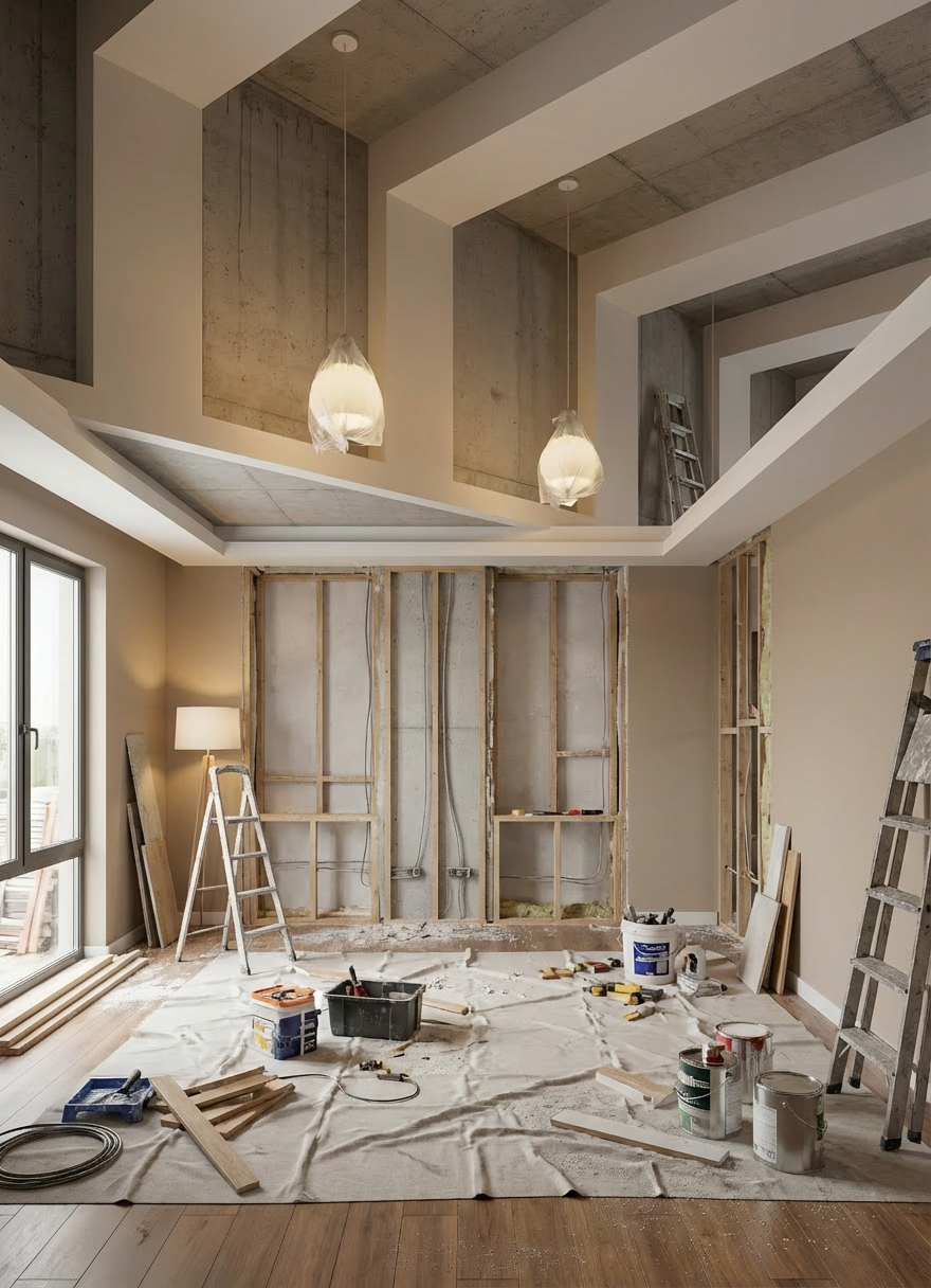 A spotless commercial electrical panel room with multiple tall, gray metal breaker cabinets lined in a precise row along a white-painted concrete wall, each door labeled with clear black lettering. Thick, color-coded conduit runs neatly along the ceiling, turning at perfect right angles into the panels. Industrial LED strip lights overhead provide bright, even illumination, reducing harsh shadows and revealing every texture of metal, paint, and concrete. Photographic realism from a slightly low, wide-angle view enhances the sense of scale and order, conveying safety, expertise, and top-tier commercial electrical service in a professional, clean environment.